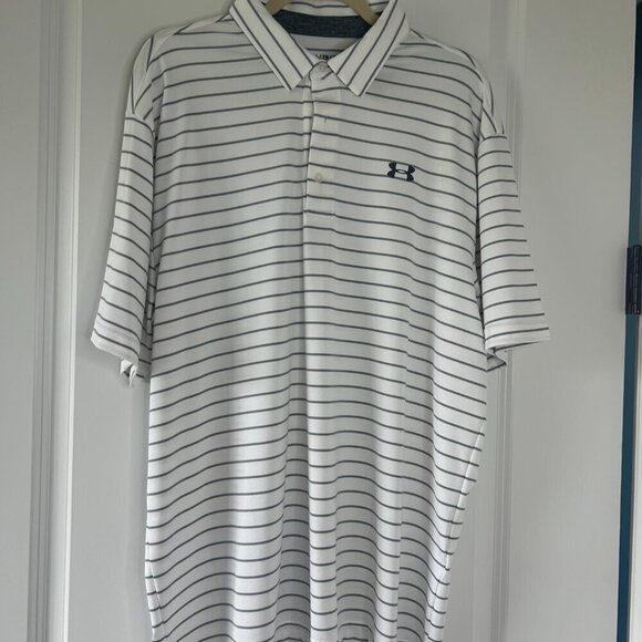 2 Men's Under Armour Polo Size XL EUC Blue and White n& Gray Stripes - Picture 2 of 6